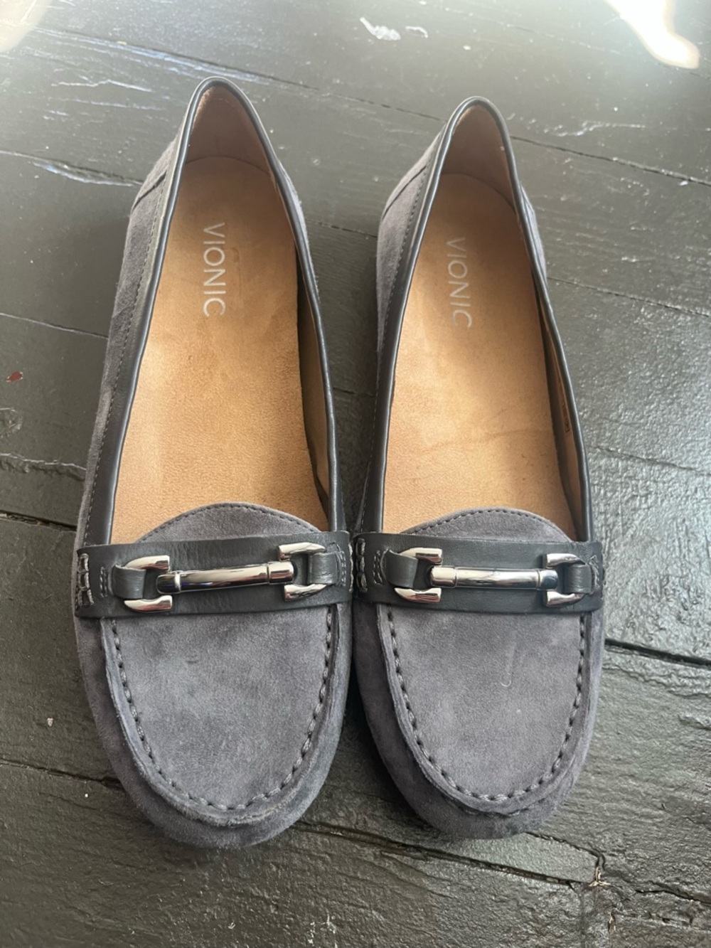 Vionic Gray Suede Slip-On Loafers with Silver Bit